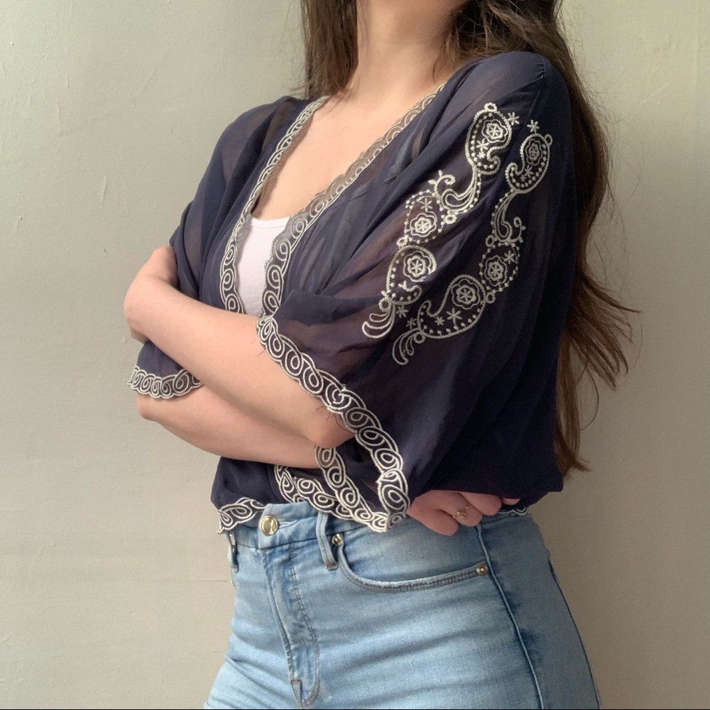 Beautiful forever21 sheer blue embroidered cardigan.